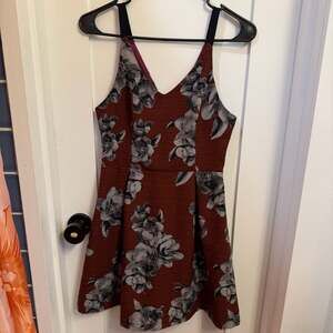 Lush Rust Orange and Black Floral V-Neck A-Line Dress